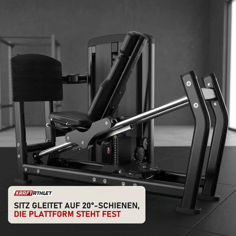 Titanium Strength Genesis Series Horizontale Beinpresse in einem fertig eingerichteten Studio mit dunklen Wänden und Gummiboden