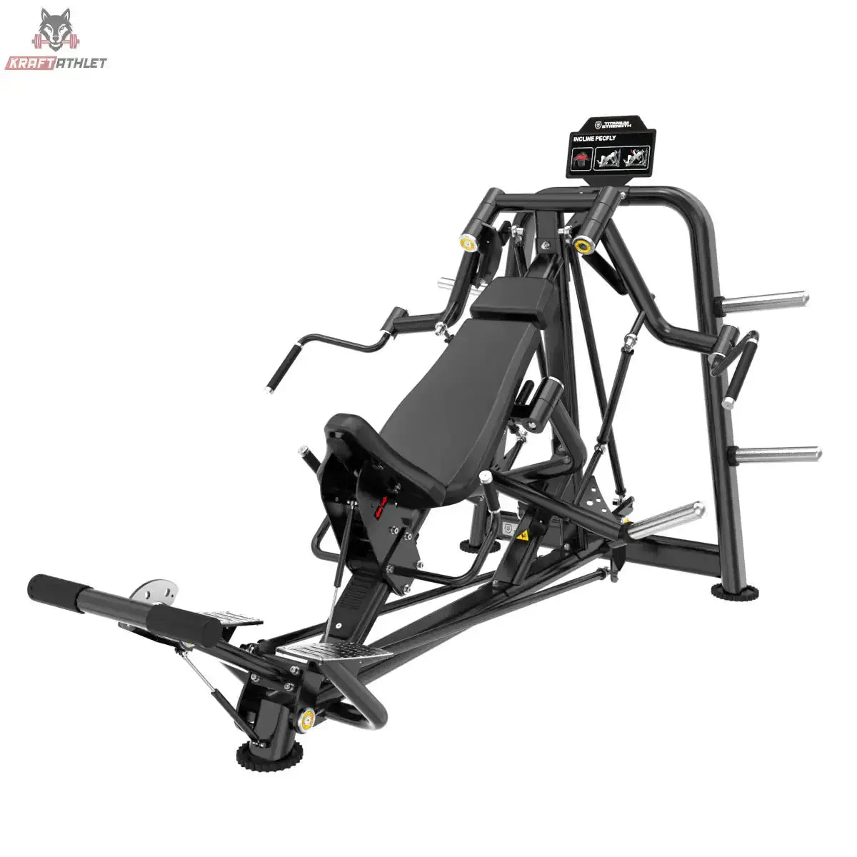 Titanium Strength Genesis Series IsoLateral Incline Pec Fly – Schrägansicht mit Schrägbank und Schwenkarmen, schwarz