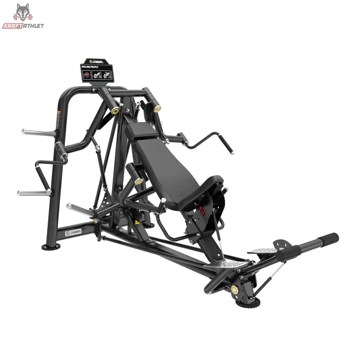 Titanium Strength Genesis Series IsoLateral Incline Pec Fly – Seitenansicht mit Schrägbank und Fußstütze, schwarz