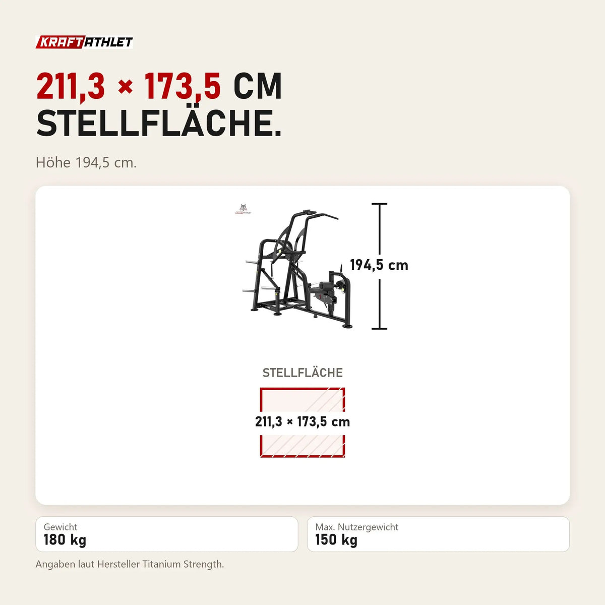 Maßbild Titanium Strength Genesis Series IsoLateral Latzug: Stellfläche 211,3 × 173,5 cm, Höhe 194,5 cm