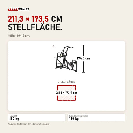 Maßbild Titanium Strength Genesis Series IsoLateral Latzug: Stellfläche 211,3 × 173,5 cm, Höhe 194,5 cm