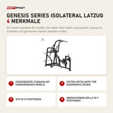 Titanium Strength Genesis Series IsoLateral Latzug mit 4 Merkmalen: Konvergente Zugbahn mit unabhängigen Hebeln, Fester Mittelgriff für einarmiges Ziehen, Sitz in 13 Positionen, Oberschenkelrolle in 7 Positionen