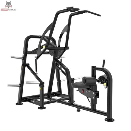 Titanium Strength Genesis Series IsoLateral Latzug – Schrägansicht von vorne rechts mit Zuggriffen und Sitz, schwarz