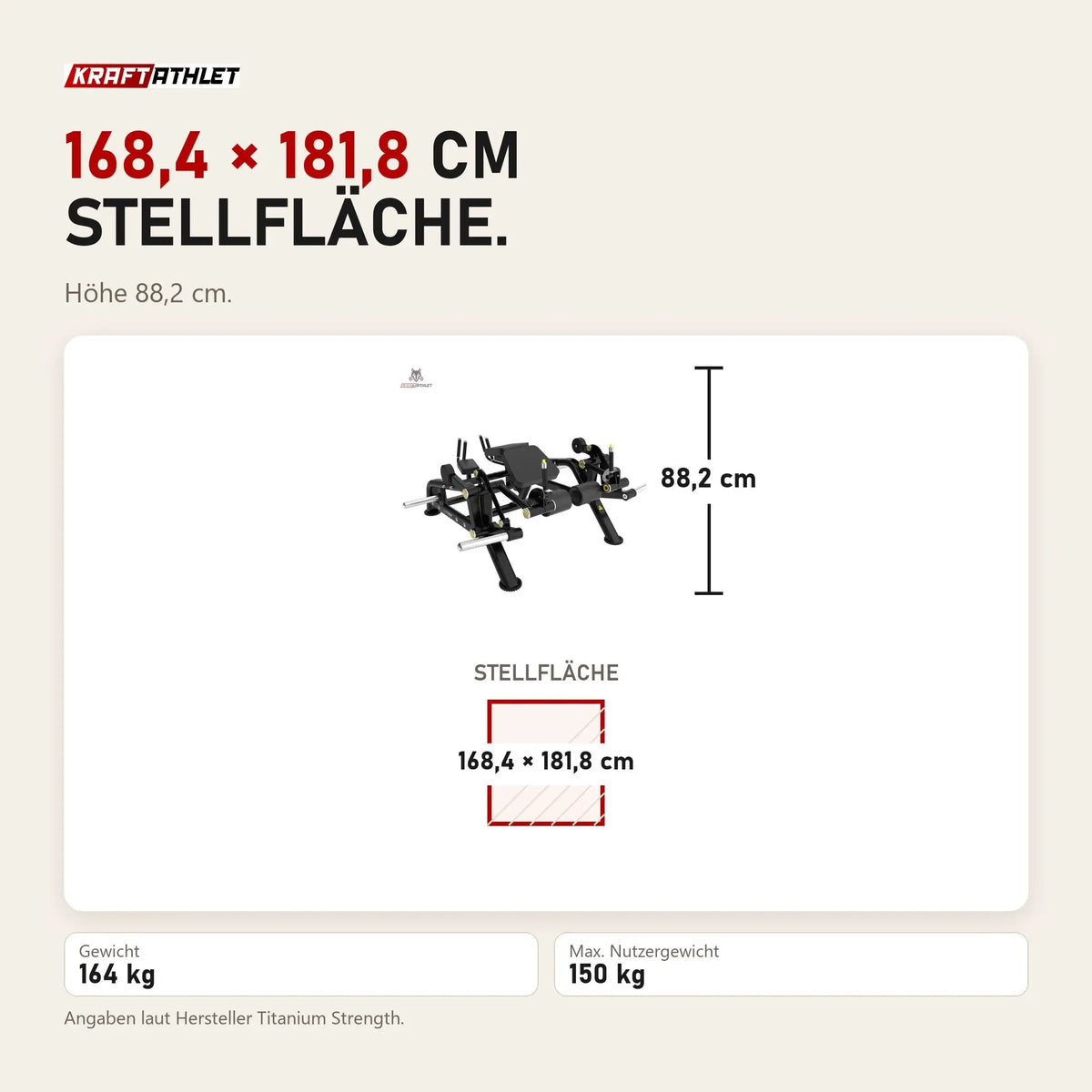 Maßbild Titanium Strength Genesis Series IsoLateral Prone Leg Curl: Stellfläche 168,4 × 181,8 cm, Höhe 88,2 cm
