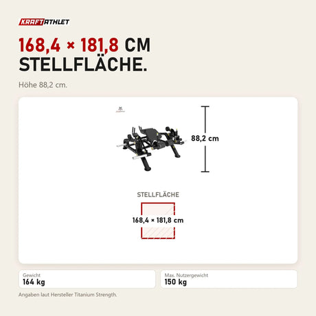 Maßbild Titanium Strength Genesis Series IsoLateral Prone Leg Curl: Stellfläche 168,4 × 181,8 cm, Höhe 88,2 cm