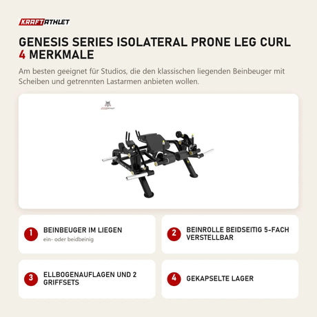 Titanium Strength Genesis Series IsoLateral Prone Leg Curl mit 4 Merkmalen: Beinbeuger im Liegen, Beinrolle beidseitig 5-fach verstellbar, Ellbogenauflagen und 2 Griffsets, Gekapselte Lager