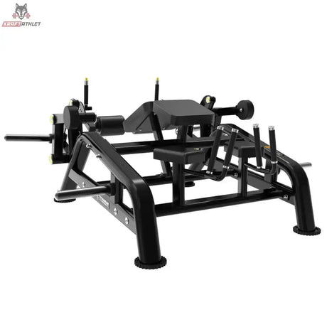 Titanium Strength Genesis Series IsoLateral Prone Leg Curl – Schrägansicht mit Rahmen und Scheibenaufnahmen, schwarz