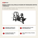 Titanium Strength Genesis Series IsoLaterales Rudern mit drehbaren Griffen mit 4 Merkmalen: Gebogene Zugbahn mit unabhängigen Hebeln, Drehbare Griffe folgen der Armbewegung, Fester Mittelgriff für einarmiges Rudern, Pre-Stretch-Pedal für den Start