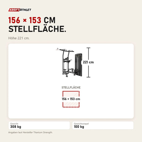 Maßbild Titanium Strength Genesis Series Klimmzug-Dipsmaschine: Stellfläche 156 × 153 cm, Höhe 221 cm