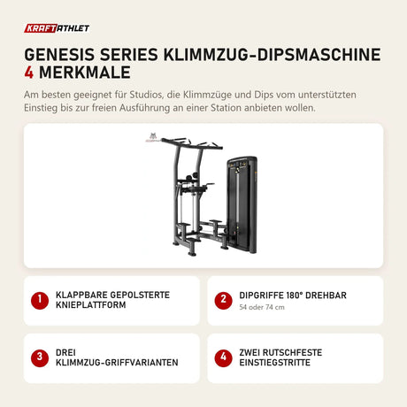 Titanium Strength Genesis Series Klimmzug-Dipsmaschine mit 4 Merkmalen: Klappbare gepolsterte Knieplattform, Dipgriffe 180° drehbar, Drei Klimmzug-Griffvarianten, Zwei rutschfeste Einstiegstritte