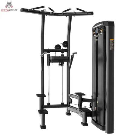 Titanium Strength Genesis Series Klimmzug-Dipsmaschine in Seitenansicht mit Griffrahmen, Kniepolster und Trittstufen in Schwarz