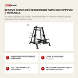 Titanium Strength Genesis Series Konvergierende Smith Multipresse mit 4 Merkmalen: Unabhängige konvergente Hebelarme, Lehne 11 Positionen, Sitz 6 und Beinrolle 5 Positionen, 9 Rastpunkte pro Seite plus Sicherheitsstopps