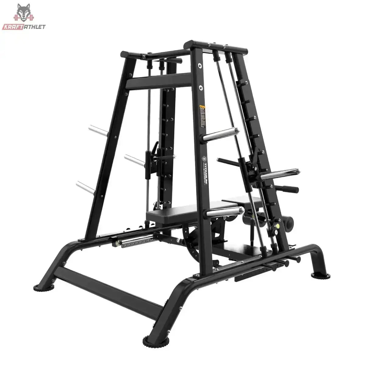 Titanium Strength Genesis Series Konvergierende Smith Multipresse – Schrägansicht von hinten mit Führungsstangen und Bank