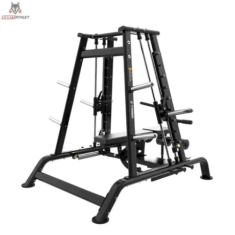 Titanium Strength Genesis Series Konvergierende Smith Multipresse – Schrägansicht von hinten mit Führungsstangen und Bank