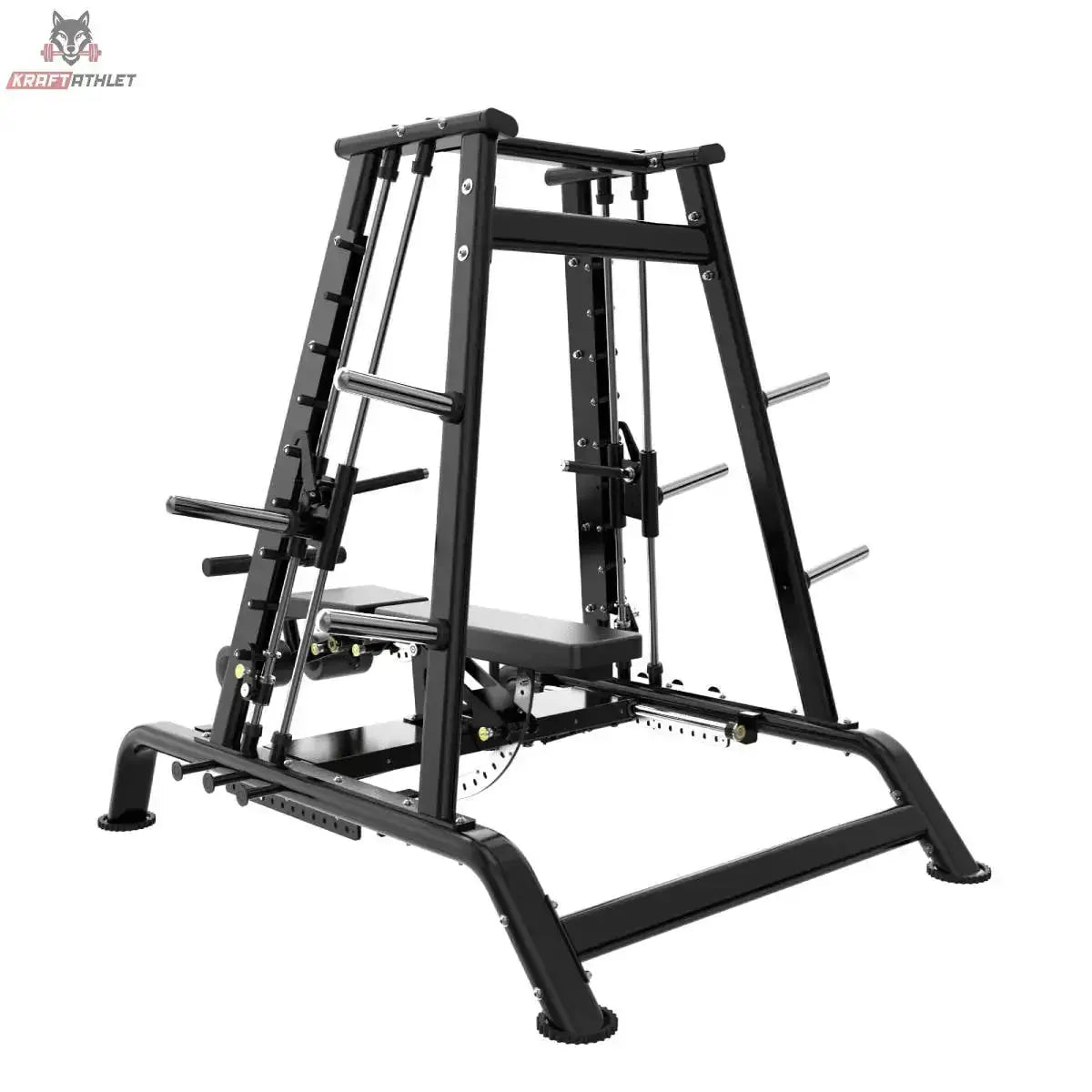 Titanium Strength Genesis Series Konvergierende Smith Multipresse – Schrägansicht von links mit Bank und Scheibenhaltern