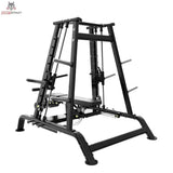 Titanium Strength Genesis Series Konvergierende Smith Multipresse – Schrägansicht von links mit Bank und Scheibenhaltern