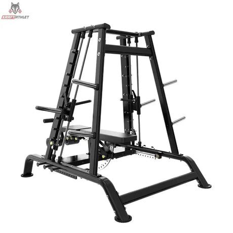 Titanium Strength Genesis Series Konvergierende Smith Multipresse – Schrägansicht von links mit Bank und Scheibenhaltern