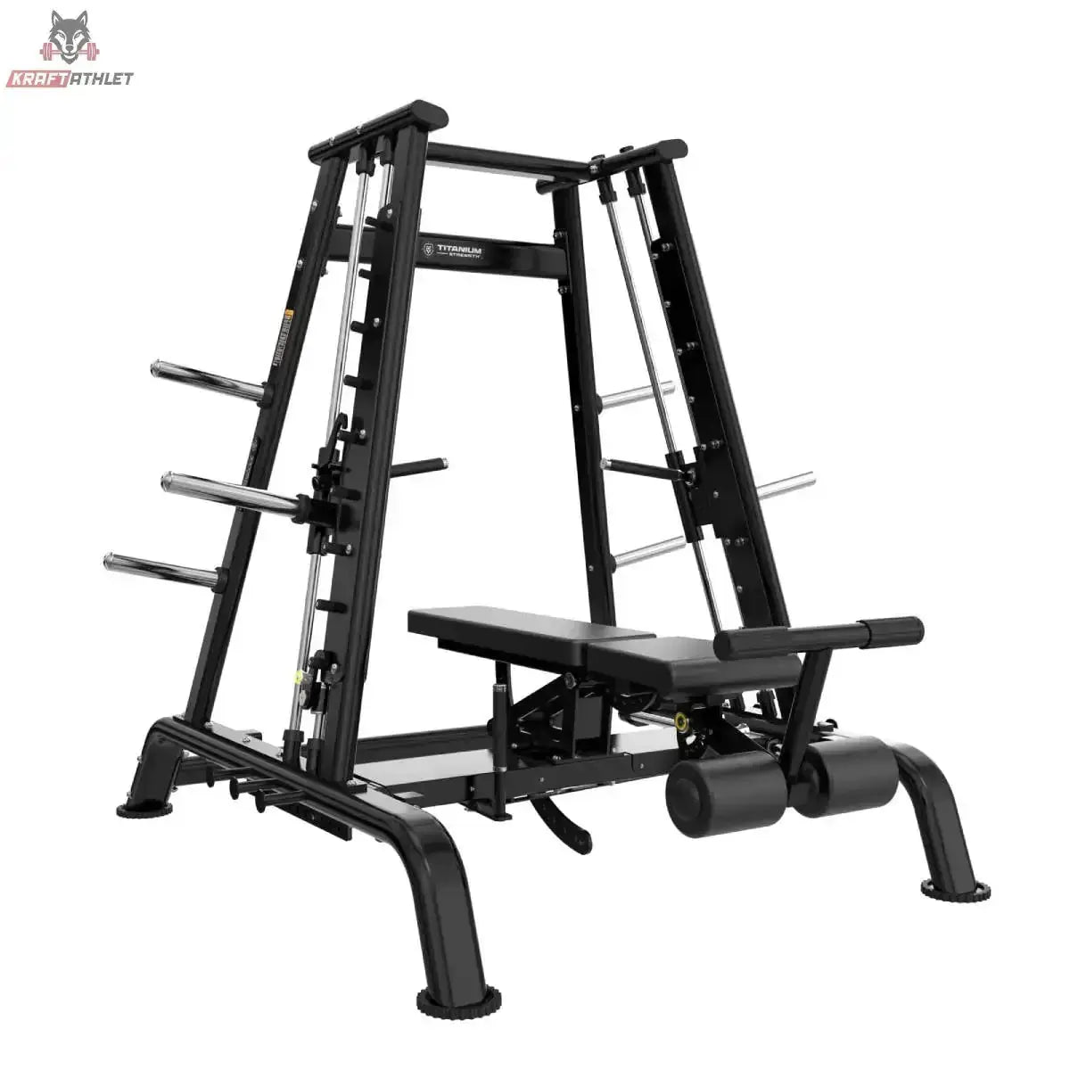 Titanium Strength Genesis Series Konvergierende Smith Multipresse – Schrägansicht mit Bank, Scheibenhaltern und A-Rahmen