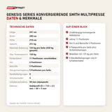 Technische Daten und Merkmale von Titanium Strength Genesis Series Konvergierende Smith Multipresse als Tabelle