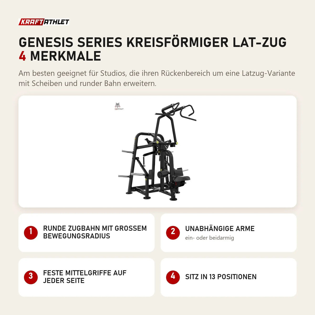 Titanium Strength Genesis Series Kreisförmiger Lat-Zug mit 4 Merkmalen: Runde Zugbahn mit großem Bewegungsradius, Unabhängige Arme, Feste Mittelgriffe auf jeder Seite, Sitz in 13 Positionen
