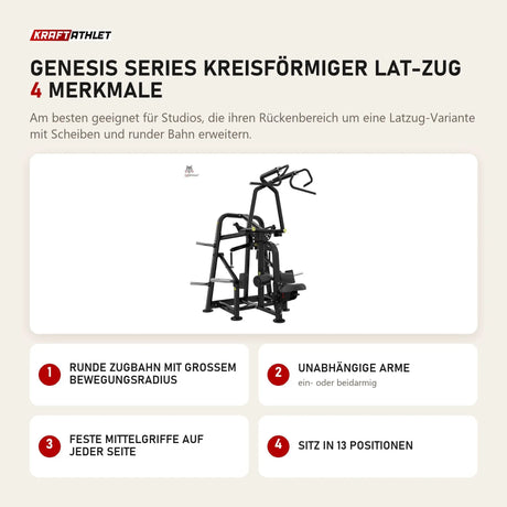 Titanium Strength Genesis Series Kreisförmiger Lat-Zug mit 4 Merkmalen: Runde Zugbahn mit großem Bewegungsradius, Unabhängige Arme, Feste Mittelgriffe auf jeder Seite, Sitz in 13 Positionen