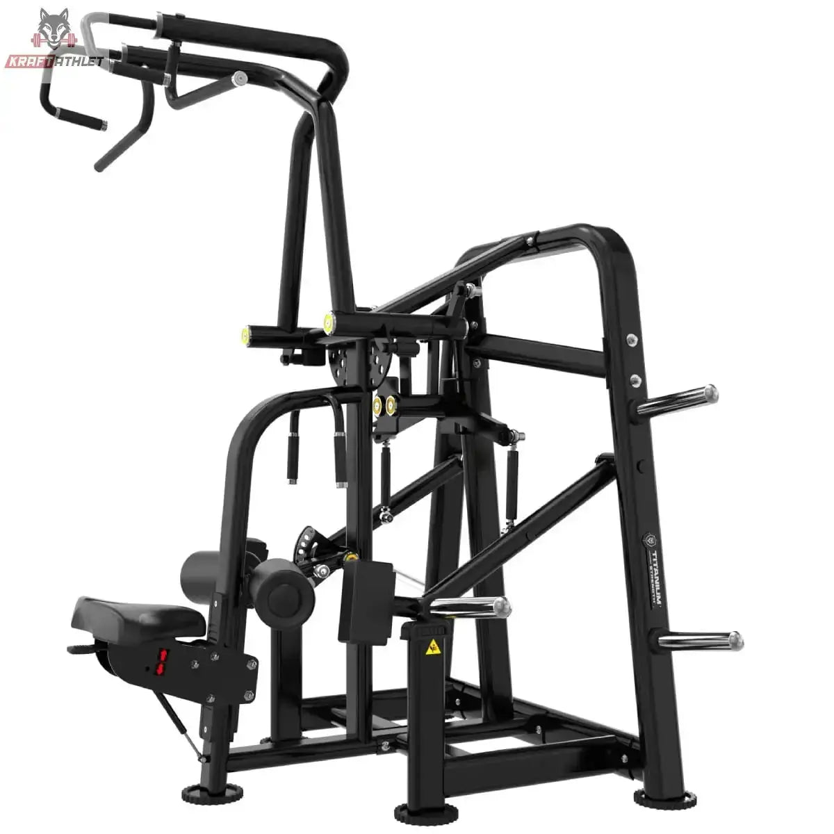 Titanium Strength Genesis Series Kreisförmiger Lat-Zug – Schrägansicht von vorne links mit Sitz und Scheibenaufnahmen, schwarz