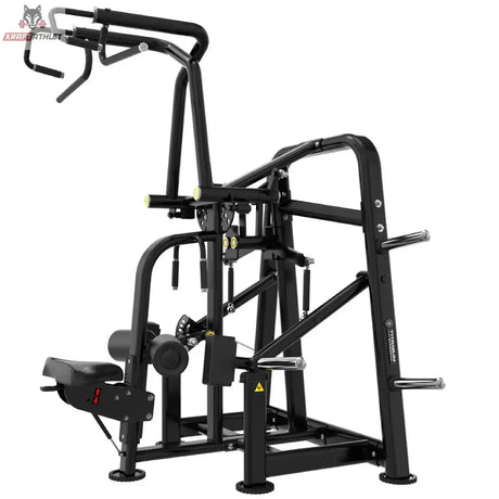 Titanium Strength Genesis Series Kreisförmiger Lat-Zug – Schrägansicht von vorne links mit Sitz und Scheibenaufnahmen, schwarz