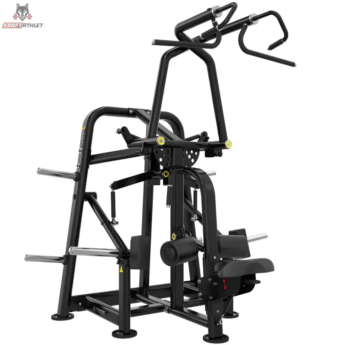 Titanium Strength Genesis Series Kreisförmiger Lat-Zug – Schrägansicht mit Griffen, Sitz und Beinpolster, schwarz
