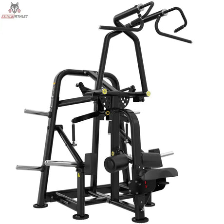 Titanium Strength Genesis Series Kreisförmiger Lat-Zug – Schrägansicht mit Griffen, Sitz und Beinpolster, schwarz