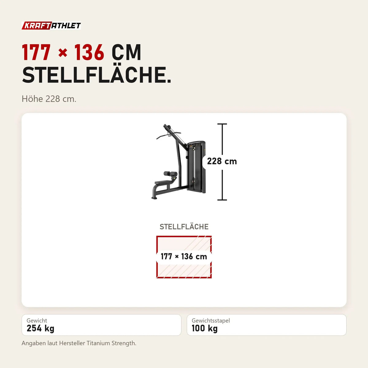 Maßbild Titanium Strength Genesis Series Latzugmaschine: Stellfläche 177 × 136 cm, Höhe 228 cm