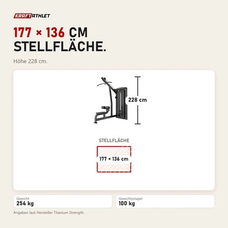 Maßbild Titanium Strength Genesis Series Latzugmaschine: Stellfläche 177 × 136 cm, Höhe 228 cm