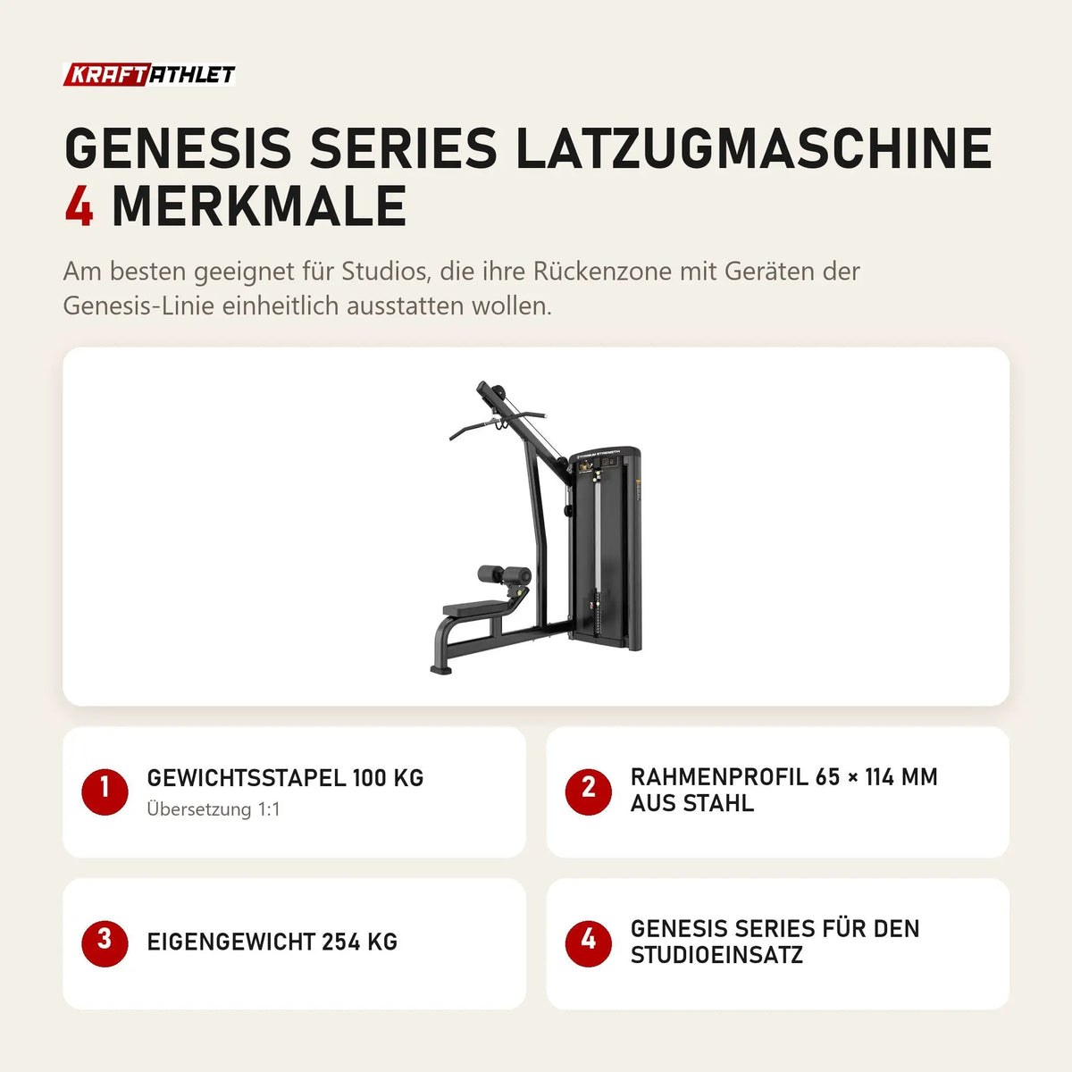 Titanium Strength Genesis Series Latzugmaschine mit 4 Merkmalen: Gewichtsstapel 100 kg, Rahmenprofil 65 × 114 mm aus Stahl, Eigengewicht 254 kg, Genesis Series für den Studioeinsatz