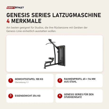 Titanium Strength Genesis Series Latzugmaschine mit 4 Merkmalen: Gewichtsstapel 100 kg, Rahmenprofil 65 × 114 mm aus Stahl, Eigengewicht 254 kg, Genesis Series für den Studioeinsatz