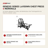 Titanium Strength Genesis Series Laydown Chest Press mit 4 Merkmalen: Geführte Bankdrückbahn im Liegen, Unabhängige Hebelarme, Griffe proniert und neutral, Schulterpolster in 9 Stufen