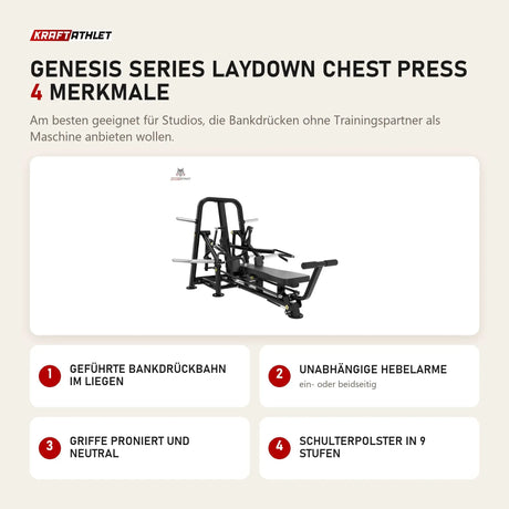 Titanium Strength Genesis Series Laydown Chest Press mit 4 Merkmalen: Geführte Bankdrückbahn im Liegen, Unabhängige Hebelarme, Griffe proniert und neutral, Schulterpolster in 9 Stufen