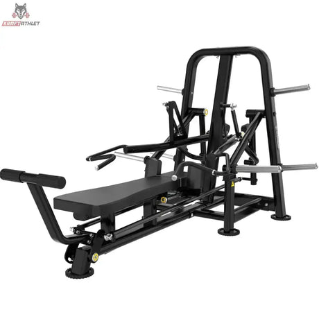Titanium Strength Genesis Series Laydown Chest Press – Schrägansicht von vorne links mit Liegebank und Fußstütze, schwarz