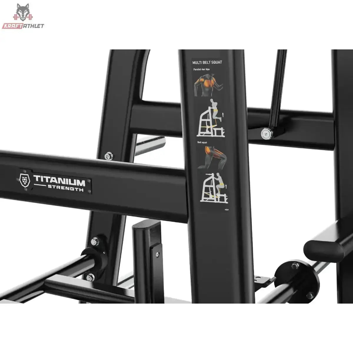 Titanium Strength Genesis Series Multi Belt Squat, Detail des Rahmens mit Logo und Übungsanleitung