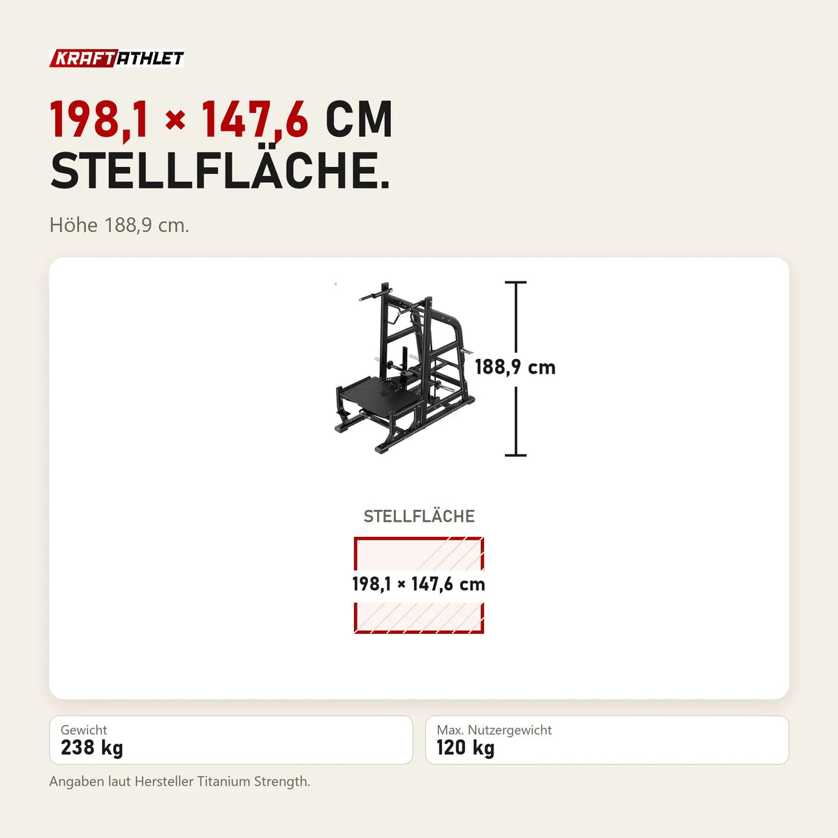 Maßbild Titanium Strength Genesis Series Multi Belt Squat: Stellfläche 198,1 × 147,6 cm, Höhe 188,9 cm