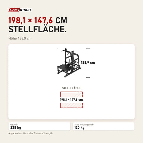 Maßbild Titanium Strength Genesis Series Multi Belt Squat: Stellfläche 198,1 × 147,6 cm, Höhe 188,9 cm