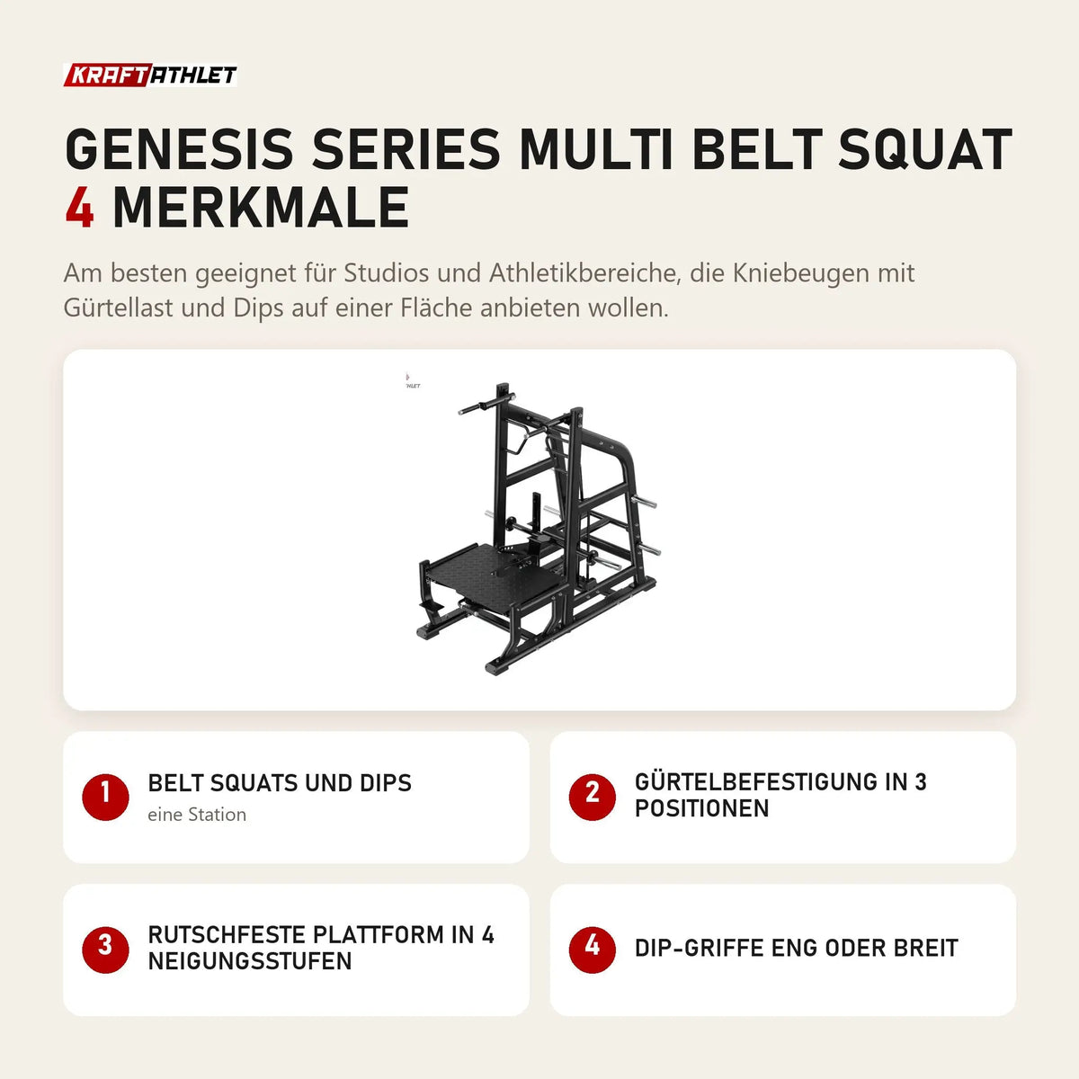 Titanium Strength Genesis Series Multi Belt Squat mit 4 Merkmalen: Belt Squats und Dips, Gürtelbefestigung in 3 Positionen, Rutschfeste Plattform in 4 Neigungsstufen, Dip-Griffe eng oder breit