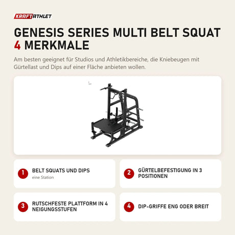 Titanium Strength Genesis Series Multi Belt Squat mit 4 Merkmalen: Belt Squats und Dips, Gürtelbefestigung in 3 Positionen, Rutschfeste Plattform in 4 Neigungsstufen, Dip-Griffe eng oder breit
