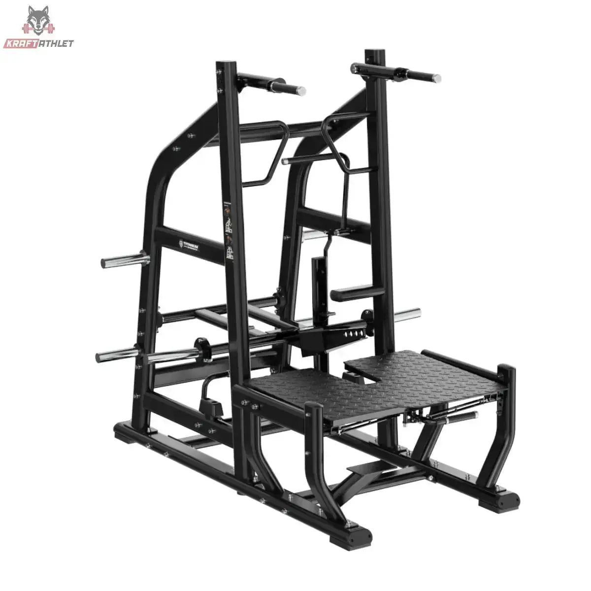Titanium Strength Genesis Series Multi Belt Squat in Schrägansicht von hinten mit Scheibenhaltern