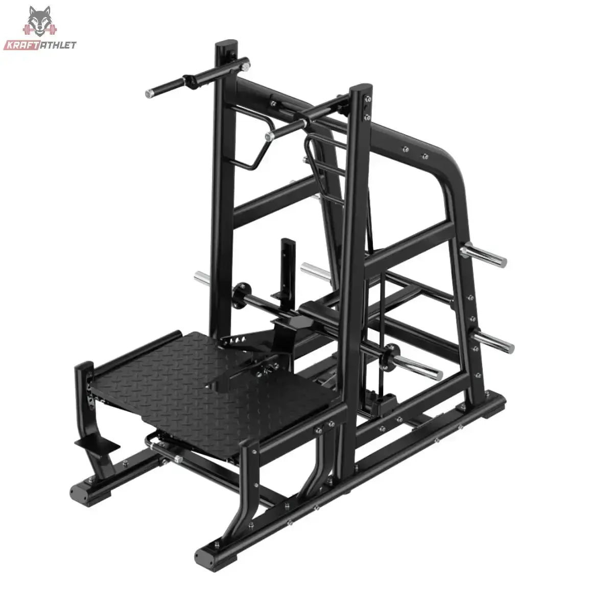 Titanium Strength Genesis Series Multi Belt Squat in Schrägansicht von vorne mit Standplattform und Dip-Griffen