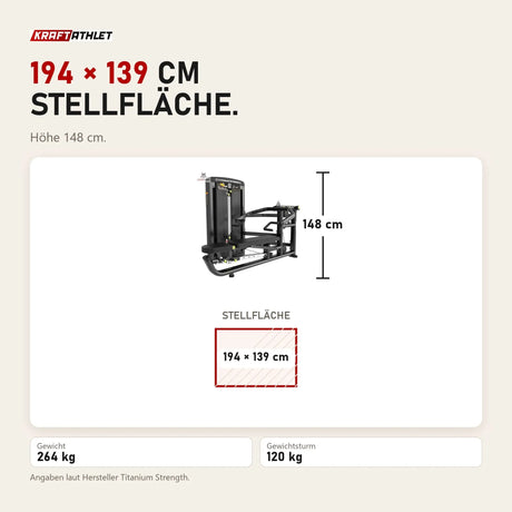 Maßbild Titanium Strength Genesis Series Multipress 3 Funktionen: Stellfläche 194 × 139 cm, Höhe 148 cm