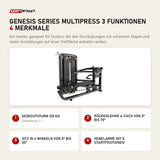 Titanium Strength Genesis Series Multipress 3 Funktionen mit 4 Merkmalen: Gewichtsturm 120 kg, Rückenlehne 6-fach von 0° bis 75°, Sitz in 4 Winkeln von 0° bis 30°, Hebelarme mit 8 Startpositionen