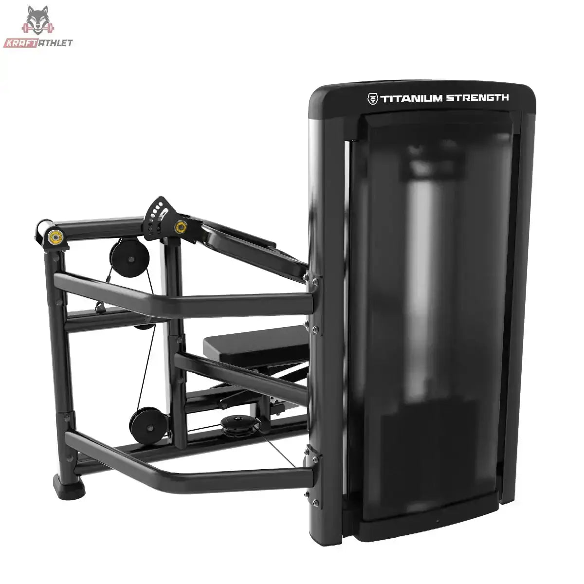 Titanium Strength Genesis Series Multipress 3 Funktionen in Schwarz, Rückansicht mit verkleidetem Gewichtsstapel