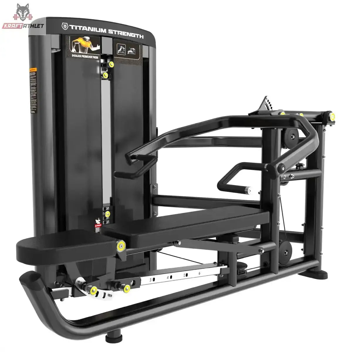 Titanium Strength Genesis Series Multipress 3 Funktionen in Schwarz, Schrägansicht mit Bank und Pressarmen