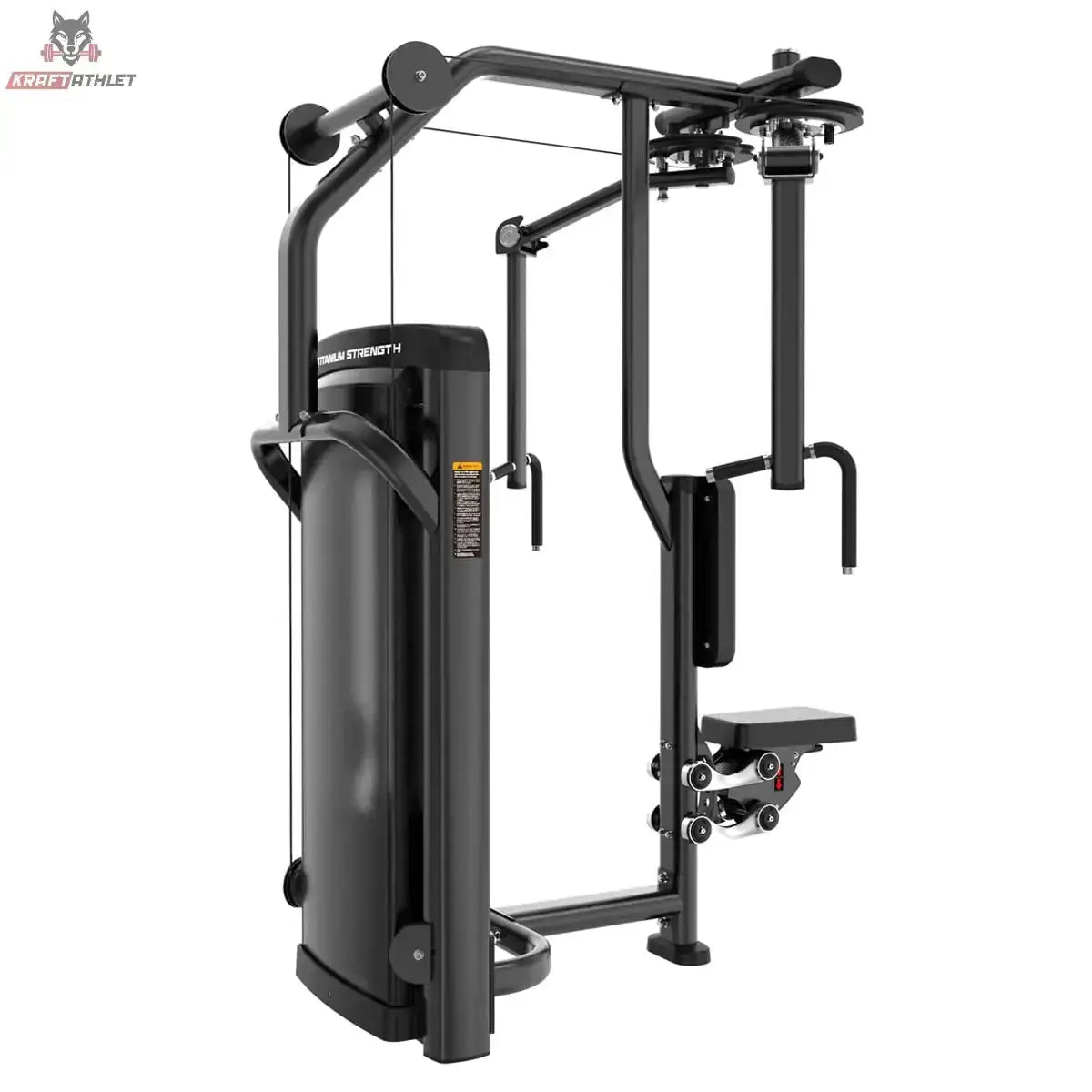 Titanium Strength Genesis Series Pec Fly & Rear Delt in Schwarz, Schrägansicht von links mit Griffen