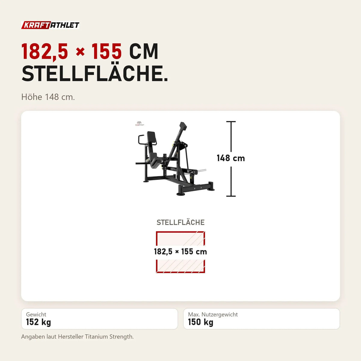 Maßbild Titanium Strength Genesis Series Pendulum Glute Kickback: Stellfläche 182,5 × 155 cm, Höhe 148 cm