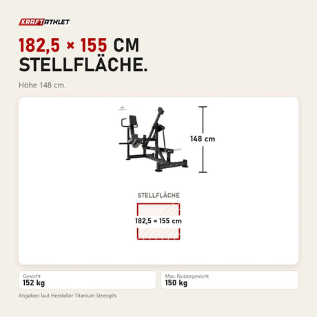 Maßbild Titanium Strength Genesis Series Pendulum Glute Kickback: Stellfläche 182,5 × 155 cm, Höhe 148 cm